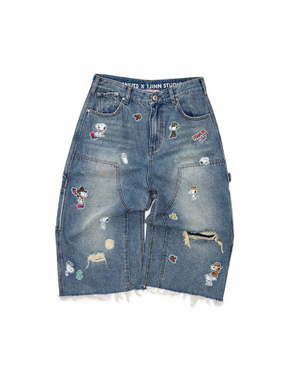 1JINN STUDIO x Snoopy Collaboration Sticker Print Vintage Street Loose Straight Leg Seven-Point Jeans【s0000018141】