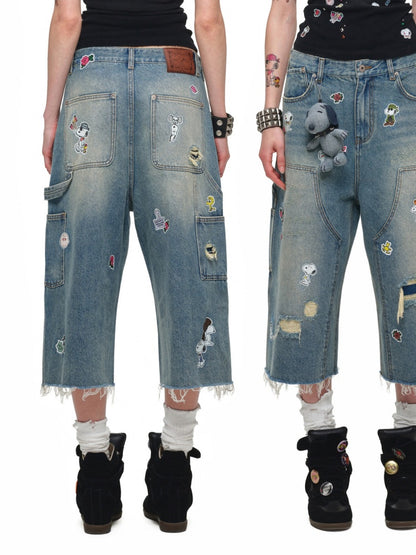 1JINN STUDIO x Snoopy Collaboration Sticker Print Vintage Street Loose Straight Leg Seven-Point Jeans【s0000018141】