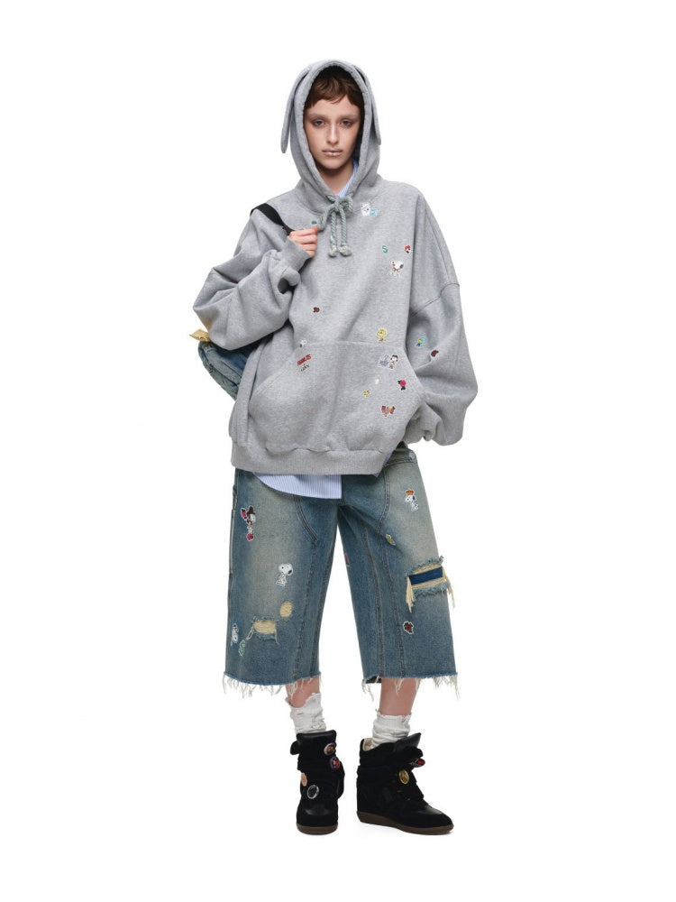 1JINN STUDIO x Snoopy Collaboration Sticker Print Vintage Street Loose Straight Leg Seven-Point Jeans【s0000018141】