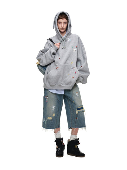 1JINN STUDIO x Snoopy Collaboration Sticker Print Vintage Street Loose Straight Leg Seven-Point Jeans【s0000018141】