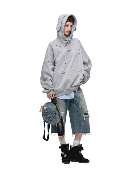 1JINN STUDIO x Snoopy Collaboration Sticker Print Vintage Street Loose Straight Leg Seven-Point Jeans【s0000018141】