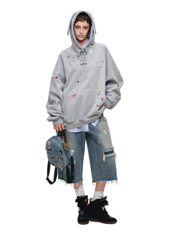 1JINN STUDIO x Snoopy Collaboration Sticker Print Vintage Street Loose Straight Leg Seven-Point Jeans【s0000018141】