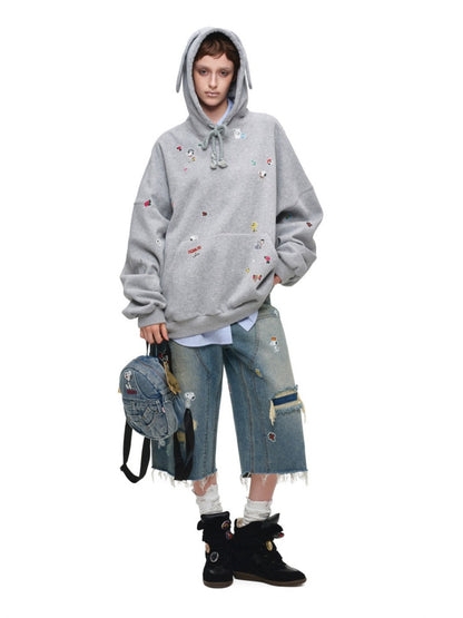 1JINN STUDIO x Snoopy Collaboration Sticker Print Vintage Street Loose Straight Leg Seven-Point Jeans【s0000018141】