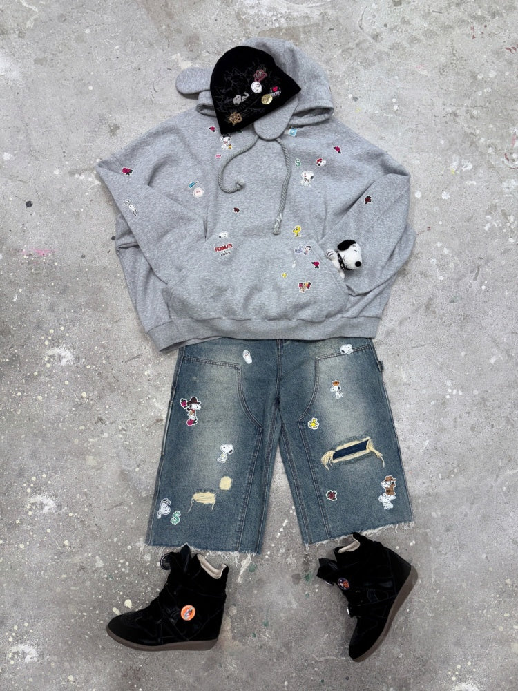 1JINN STUDIO x Snoopy Collaboration Sticker Print Vintage Street Loose Straight Leg Seven-Point Jeans【s0000018141】