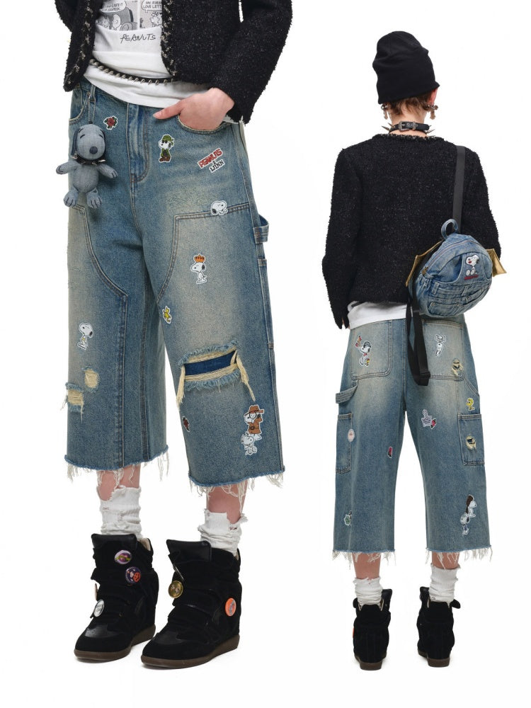 1JINN STUDIO x Snoopy Collaboration Sticker Print Vintage Street Loose Straight Leg Seven-Point Jeans【s0000018141】