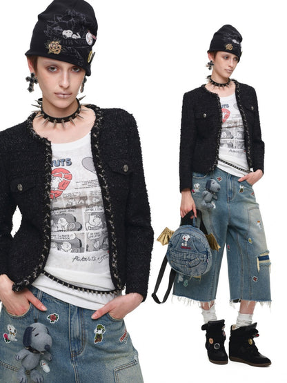 1JINN STUDIO x Snoopy Collaboration Sticker Print Vintage Street Loose Straight Leg Seven-Point Jeans【s0000018141】
