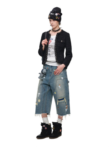 1JINN STUDIO x Snoopy Collaboration Sticker Print Vintage Street Loose Straight Leg Seven-Point Jeans【s0000018141】