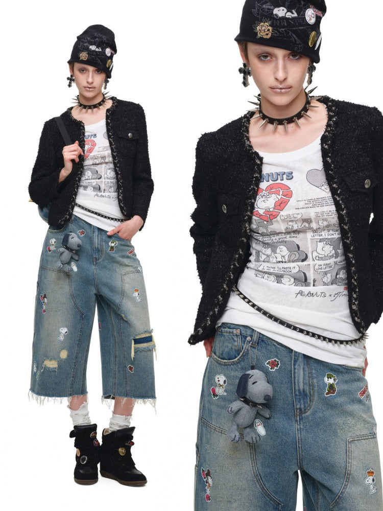 1JINN STUDIO x Snoopy Collaboration Sticker Print Vintage Street Loose Straight Leg Seven-Point Jeans【s0000018141】
