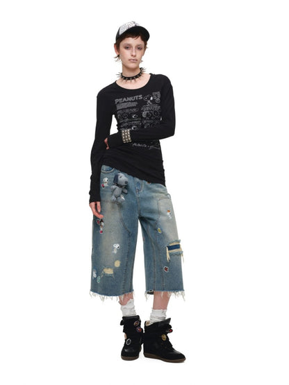 1JINN STUDIO x Snoopy Collaboration Sticker Print Vintage Street Loose Straight Leg Seven-Point Jeans【s0000018141】