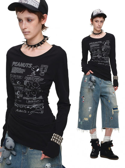 1JINN STUDIO x Snoopy Collaboration Sticker Print Vintage Street Loose Straight Leg Seven-Point Jeans【s0000018141】