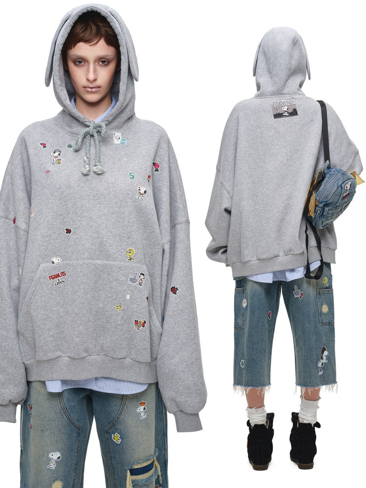 1JINN STUDIO x Snoopy Collaboration Sticker Print Vintage Street Loose Straight Leg Seven-Point Jeans【s0000018141】