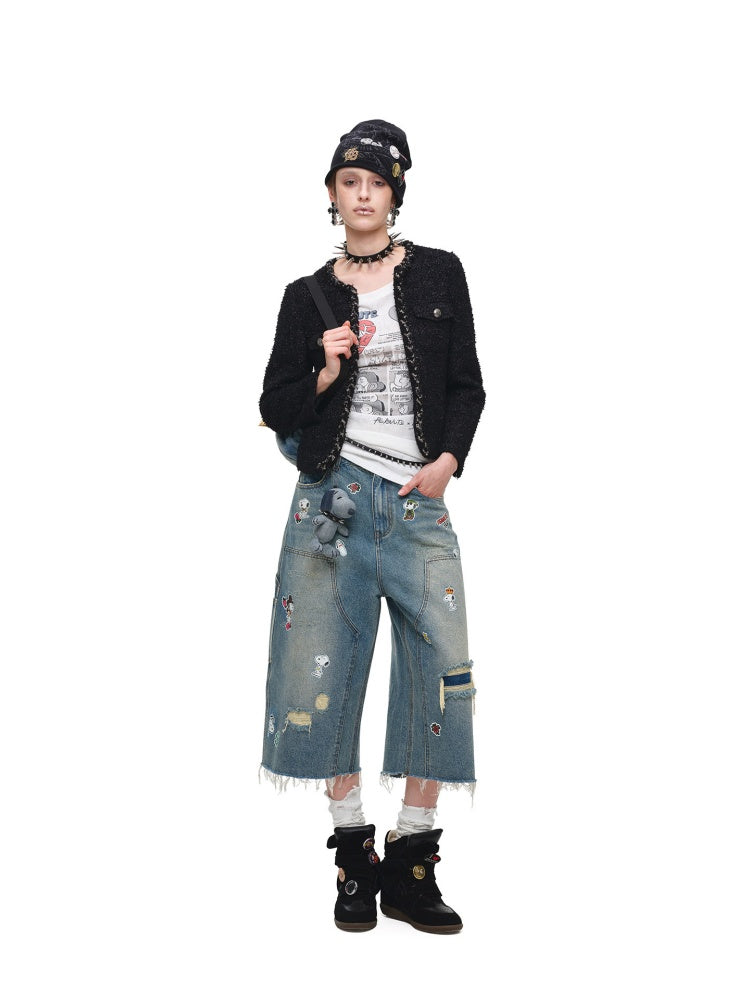 1JINN STUDIO x Snoopy Collaboration Sticker Print Vintage Street Loose Straight Leg Seven-Point Jeans【s0000018141】