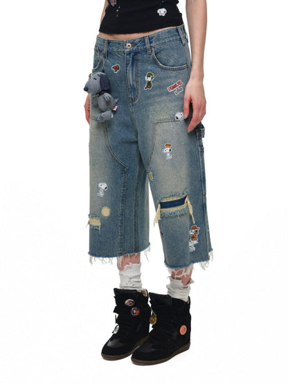 1JINN STUDIO x Snoopy Collaboration Sticker Print Vintage Street Loose Straight Leg Seven-Point Jeans【s0000018141】