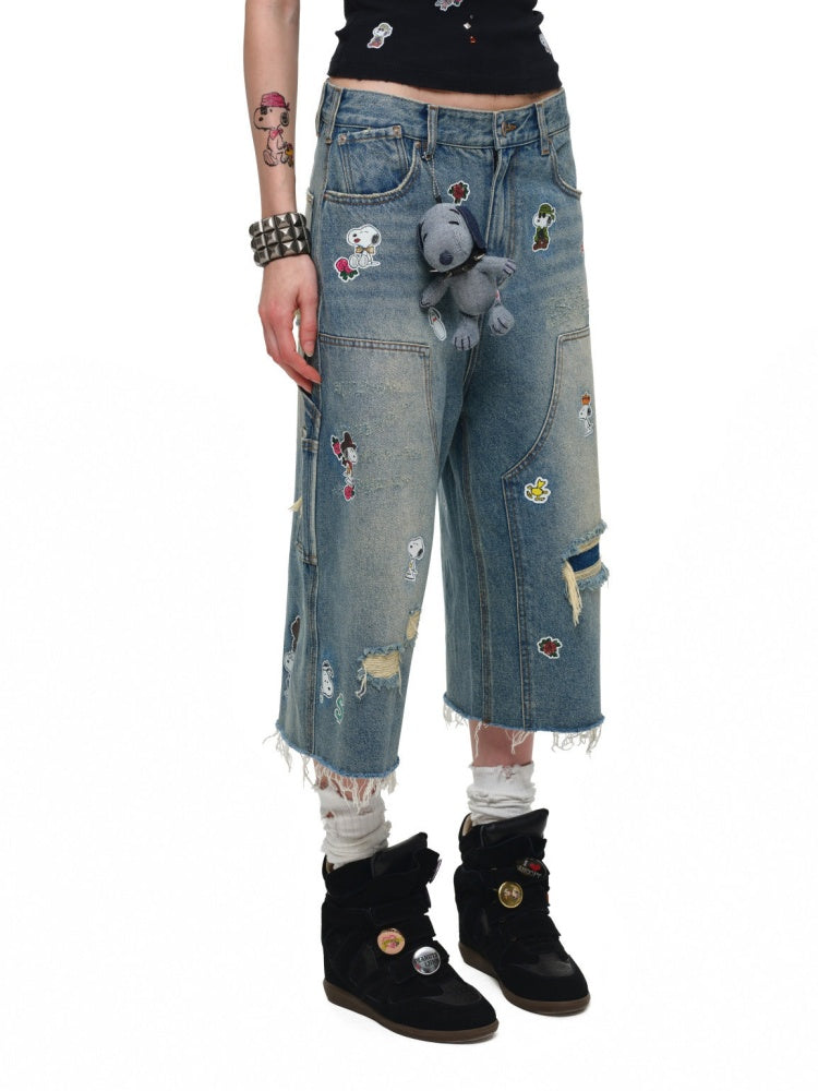 1JINN STUDIO x Snoopy Collaboration Sticker Print Vintage Street Loose Straight Leg Seven-Point Jeans【s0000018141】