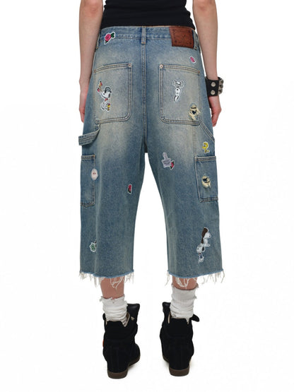 1JINN STUDIO x Snoopy Collaboration Sticker Print Vintage Street Loose Straight Leg Seven-Point Jeans【s0000018141】