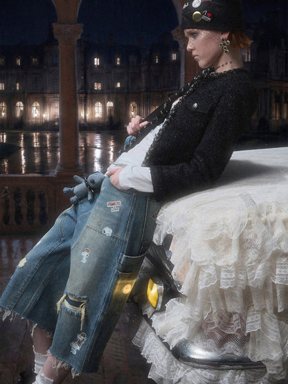 1JINN STUDIO x Snoopy Collaboration Sticker Print Vintage Street Loose Straight Leg Seven-Point Jeans【s0000018141】
