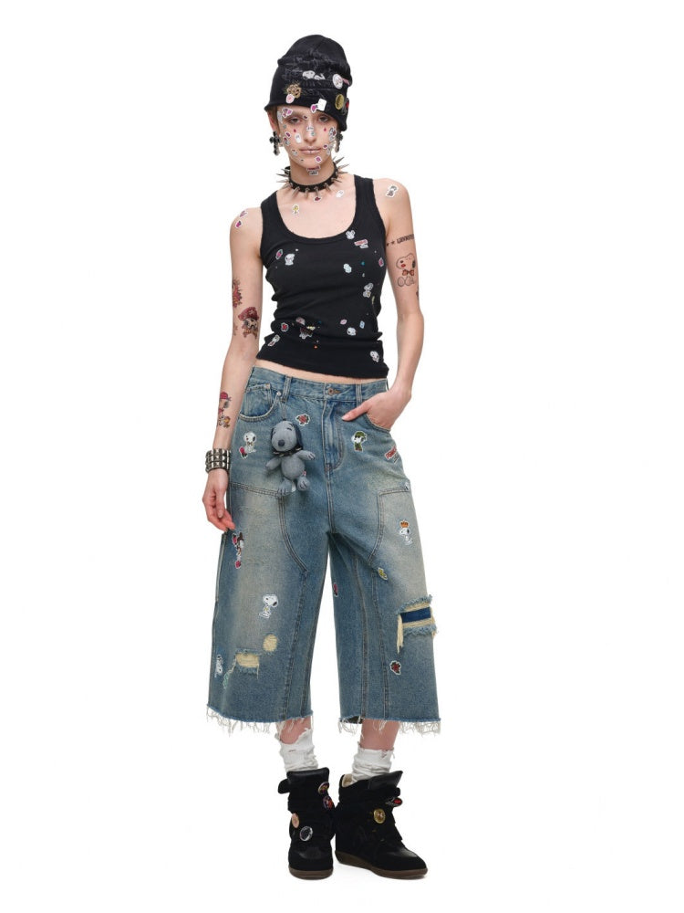 1JINN STUDIO x Snoopy Collaboration Sticker Print Vintage Street Loose Straight Leg Seven-Point Jeans【s0000018141】