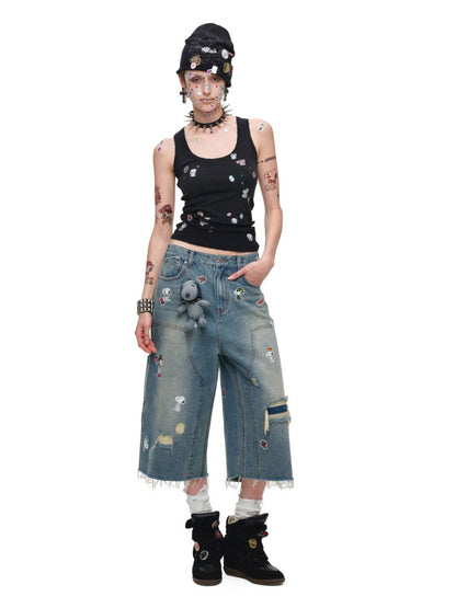 1JINN STUDIO x Snoopy Collaboration Sticker Print Vintage Street Loose Straight Leg Seven-Point Jeans【s0000018141】