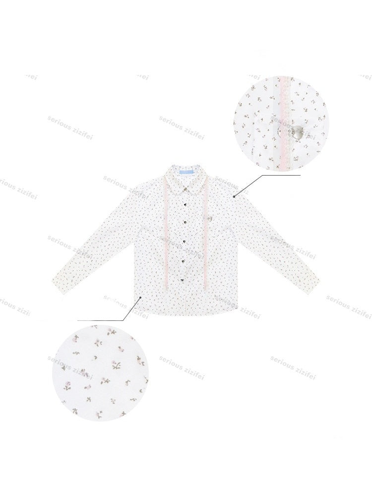 Retro Vibe Girly Style Tie-Up Doll Collar White Floral Shirt【s0000018420】