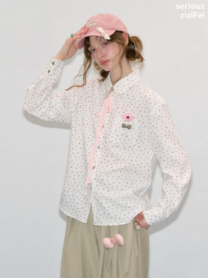 Retro Vibe Girly Style Tie-Up Doll Collar White Floral Shirt【s0000018420】