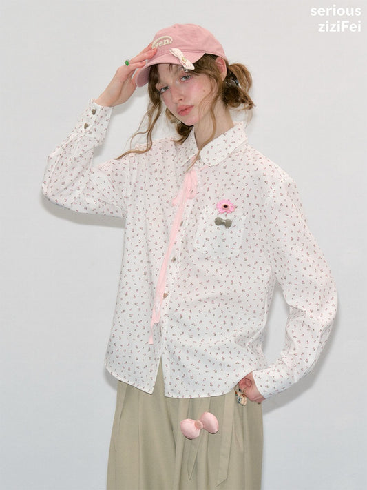 Retro Vibe Girly Style Tie-Up Doll Collar White Floral Shirt【s0000018420】