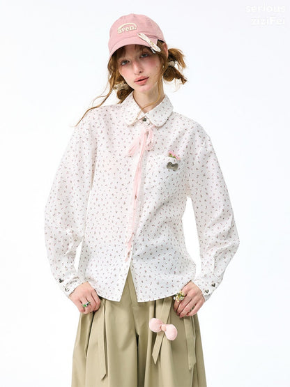Retro Vibe Girly Style Tie-Up Doll Collar White Floral Shirt【s0000018420】