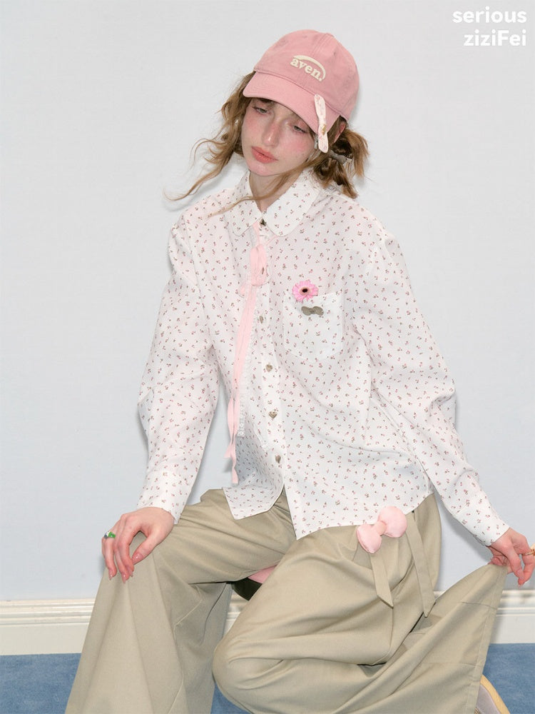 Retro Vibe Girly Style Tie-Up Doll Collar White Floral Shirt【s0000018420】