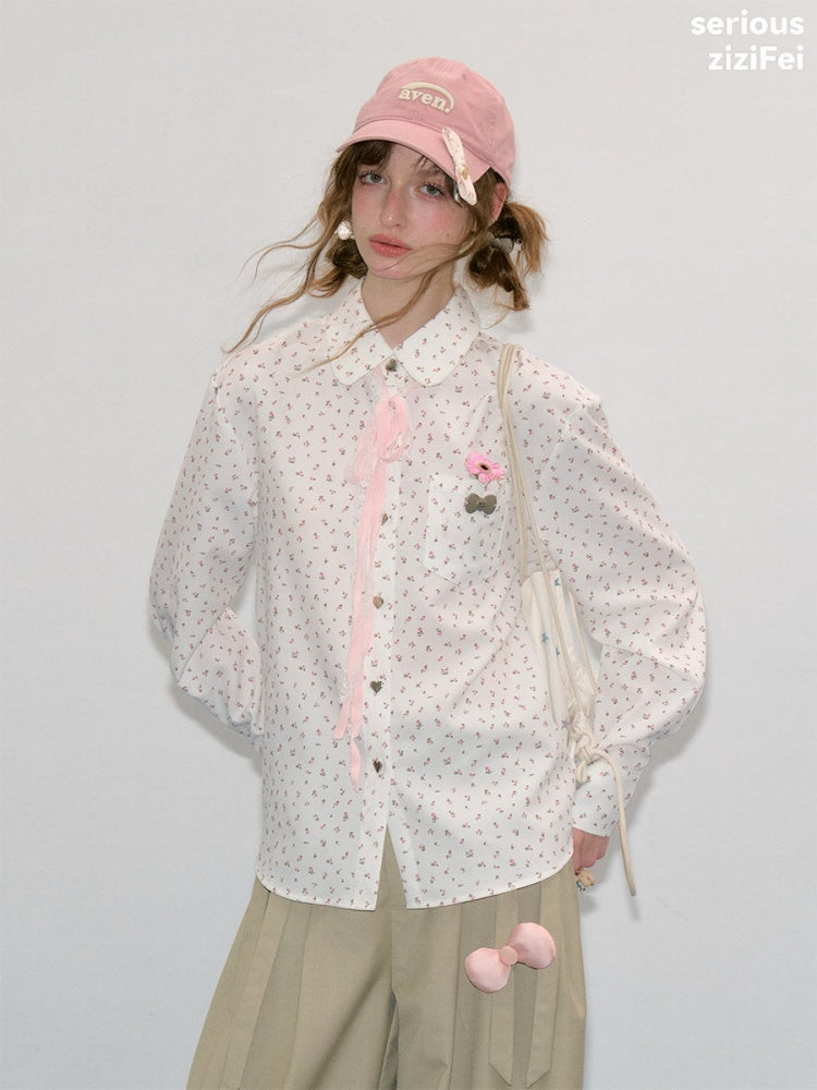 Retro Vibe Girly Style Tie-Up Doll Collar White Floral Shirt【s0000018420】
