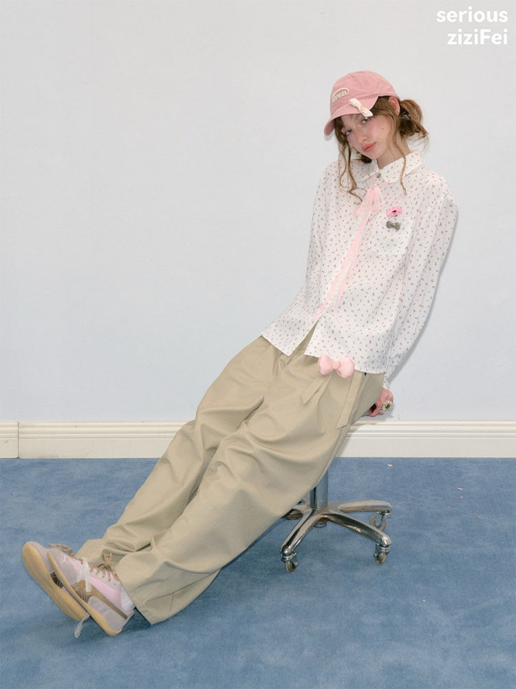 Retro Vibe Girly Style Tie-Up Doll Collar White Floral Shirt【s0000018420】