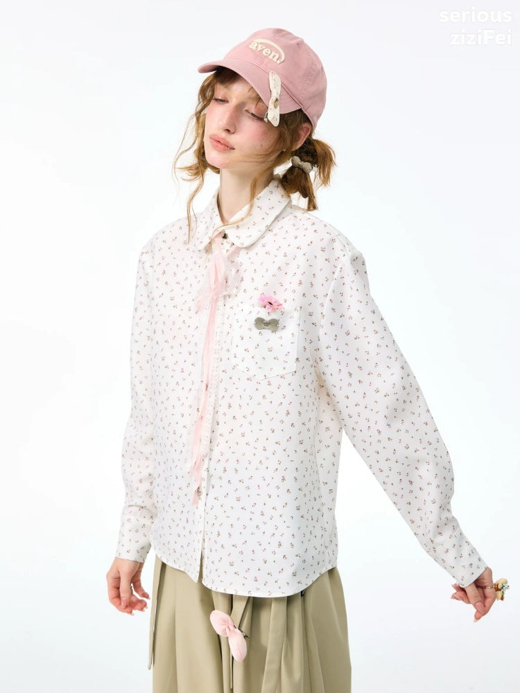 Retro Vibe Girly Style Tie-Up Doll Collar White Floral Shirt【s0000018420】