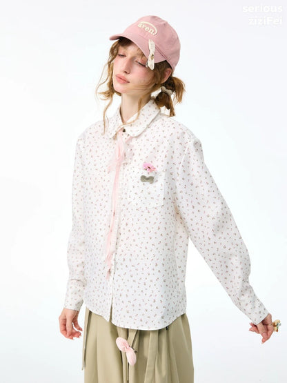 Retro Vibe Girly Style Tie-Up Doll Collar White Floral Shirt【s0000018420】