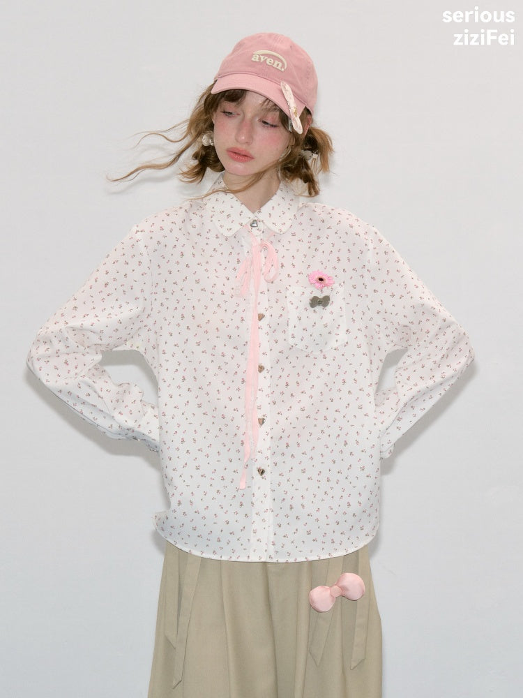 Retro Vibe Girly Style Tie-Up Doll Collar White Floral Shirt【s0000018420】