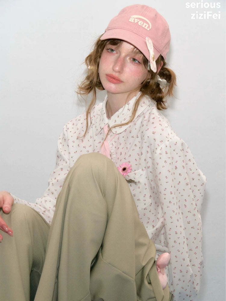Retro Vibe Girly Style Tie-Up Doll Collar White Floral Shirt【s0000018420】