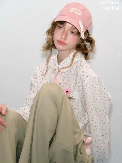 Retro Vibe Girly Style Tie-Up Doll Collar White Floral Shirt【s0000018420】
