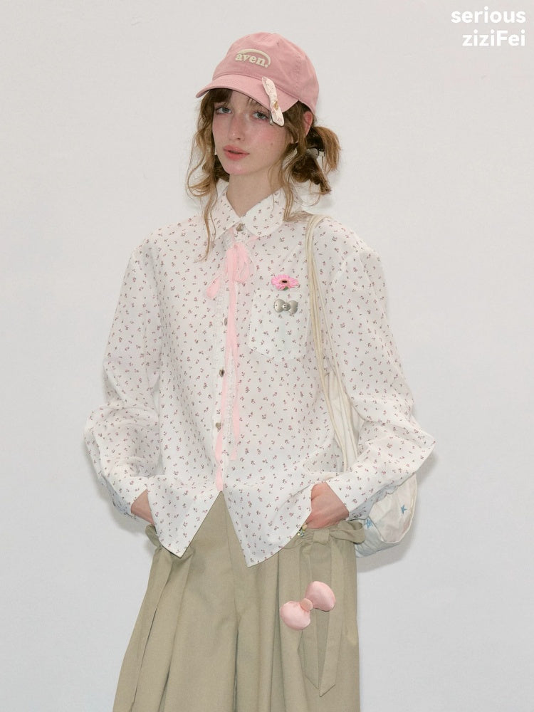 Retro Vibe Girly Style Tie-Up Doll Collar White Floral Shirt【s0000018420】