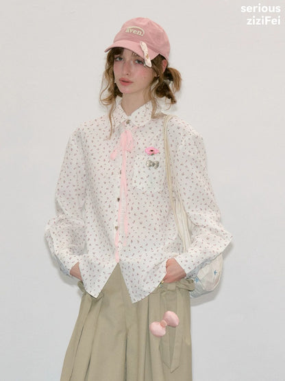 Retro Vibe Girly Style Tie-Up Doll Collar White Floral Shirt【s0000018420】