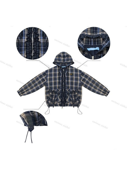 Retro Collegiate Style Navy Plaid Hooded Zipper Lazy Casual Jacket【s0000018421】