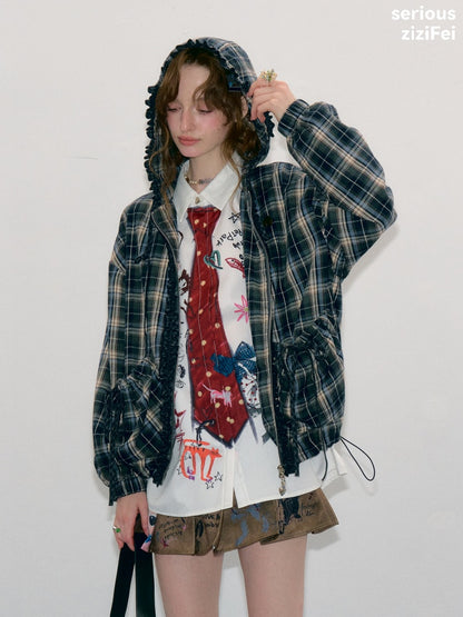 Retro Collegiate Style Navy Plaid Hooded Zipper Lazy Casual Jacket【s0000018421】