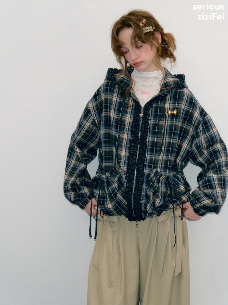 Retro Collegiate Style Navy Plaid Hooded Zipper Lazy Casual Jacket【s0000018421】