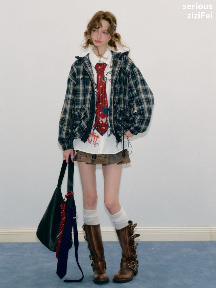 Retro Collegiate Style Navy Plaid Hooded Zipper Lazy Casual Jacket【s0000018421】