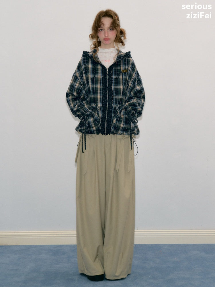 Retro Collegiate Style Navy Plaid Hooded Zipper Lazy Casual Jacket【s0000018421】
