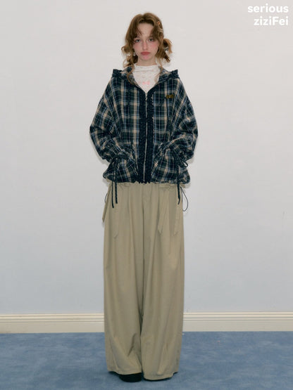 Retro Collegiate Style Navy Plaid Hooded Zipper Lazy Casual Jacket【s0000018421】