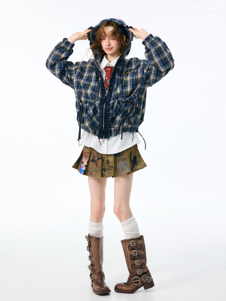 Retro Collegiate Style Navy Plaid Hooded Zipper Lazy Casual Jacket【s0000018421】