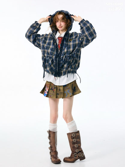 Retro Collegiate Style Navy Plaid Hooded Zipper Lazy Casual Jacket【s0000018421】