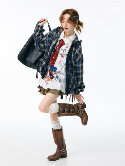 Retro Collegiate Style Navy Plaid Hooded Zipper Lazy Casual Jacket【s0000018421】