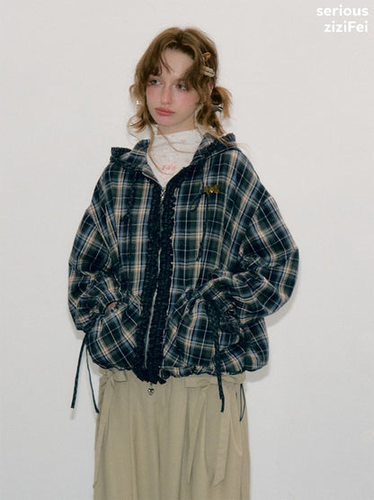 Retro Collegiate Style Navy Plaid Hooded Zipper Lazy Casual Jacket【s0000018421】