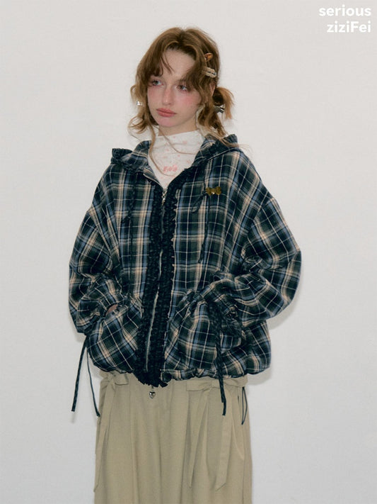 Retro Collegiate Style Navy Plaid Hooded Zipper Lazy Casual Jacket【s0000018421】