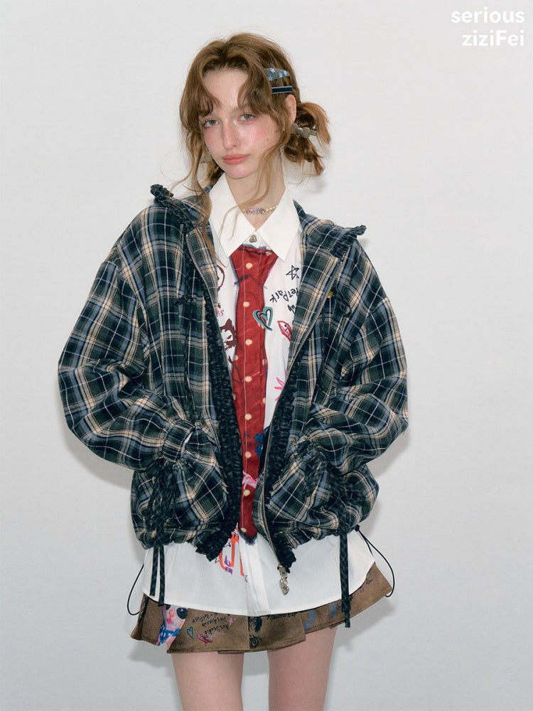 Retro Collegiate Style Navy Plaid Hooded Zipper Lazy Casual Jacket【s0000018421】