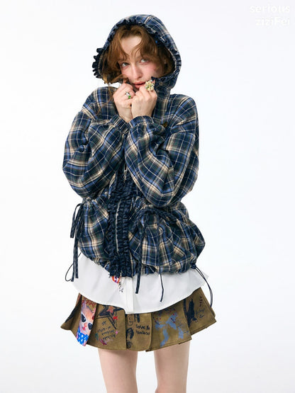 Retro Collegiate Style Navy Plaid Hooded Zipper Lazy Casual Jacket【s0000018421】