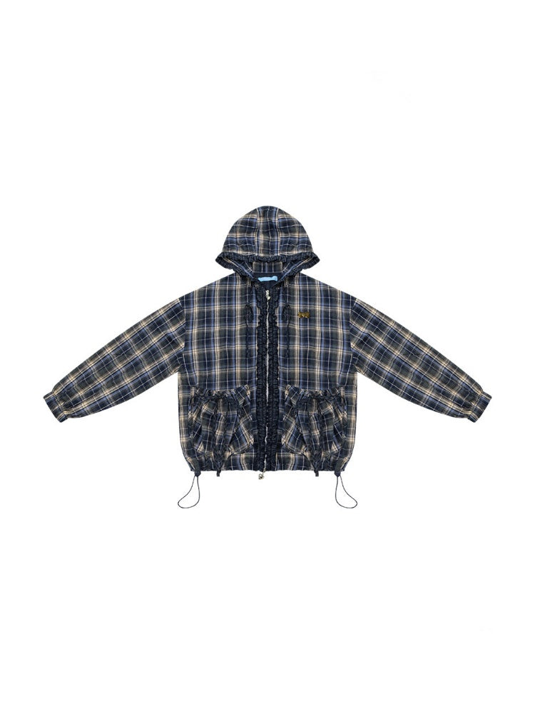 Retro Collegiate Style Navy Plaid Hooded Zipper Lazy Casual Jacket【s0000018421】